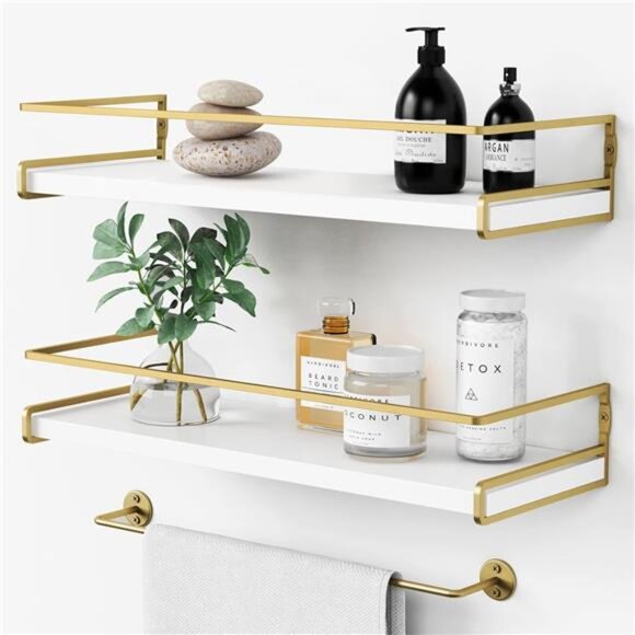 Floating Bathroom Shelves Wall Mounted, Aesthetic White and Gold - Picture 1 of 8